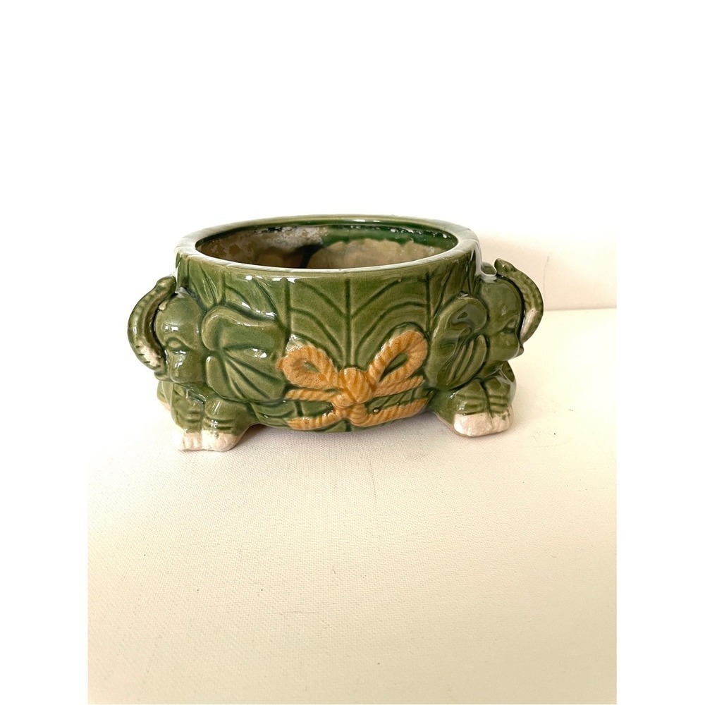 Vintage Green Ceramic Elephant Planter with Yellow Bow